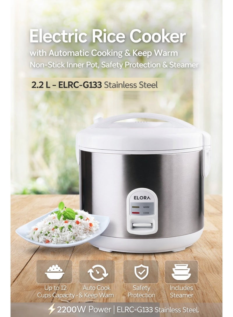ELORA Electric Rice Cooker With Automatic Cooking, Keep Warm, Safety Protection, And Steamer - Easy to Use, Convenient, Durable 2.2 L- EL-RC-6133 Grey - Image 1